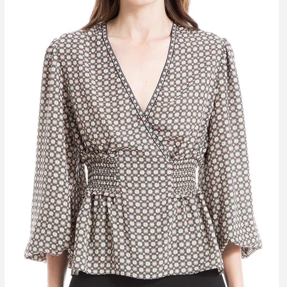 NWT Max Studio Smocked Waist V-Neck Blouse NEW